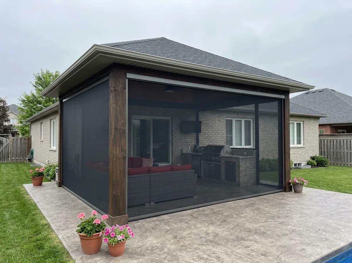 Brick Ontario home with dark wood beams and deployed retractable shades over an outdoor TV and seating area