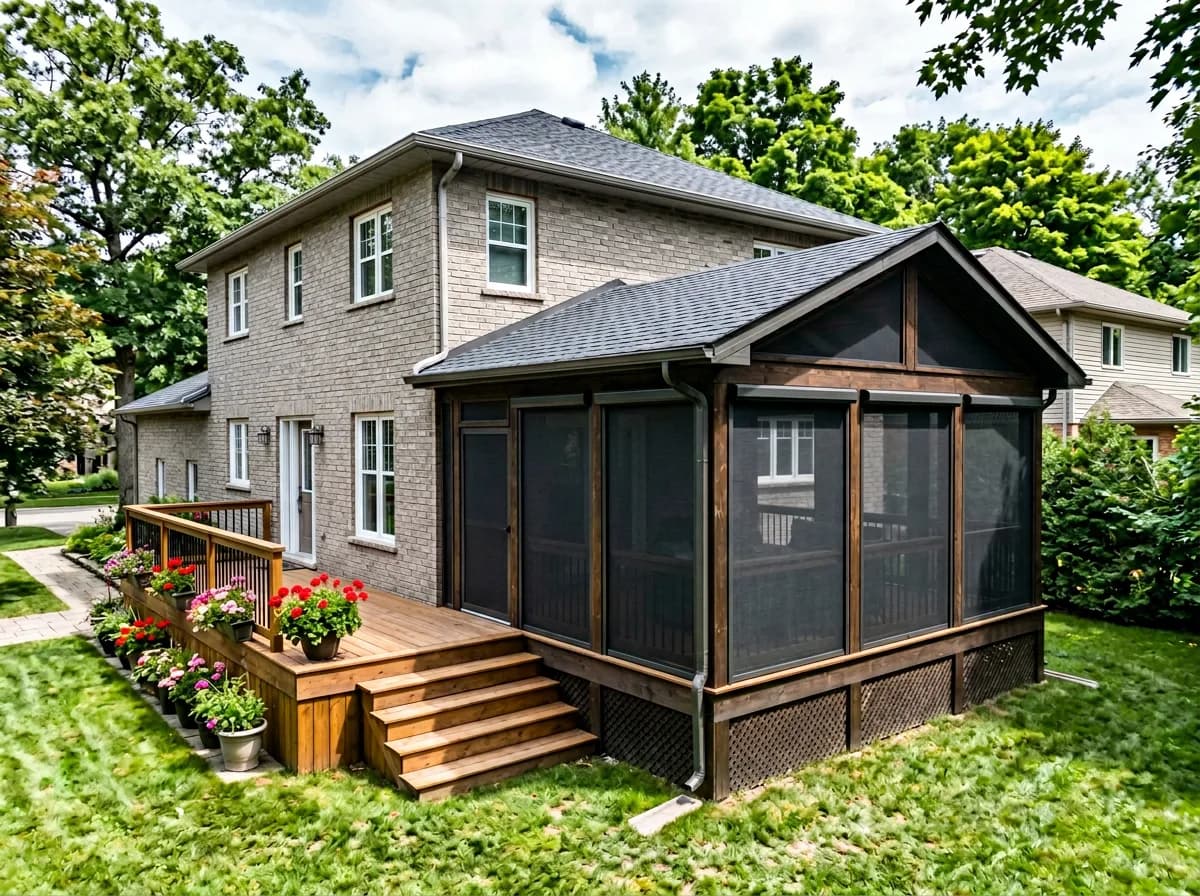 Brick Ontario home with a dark-mesh screened structure off the side and flower pots on the deck