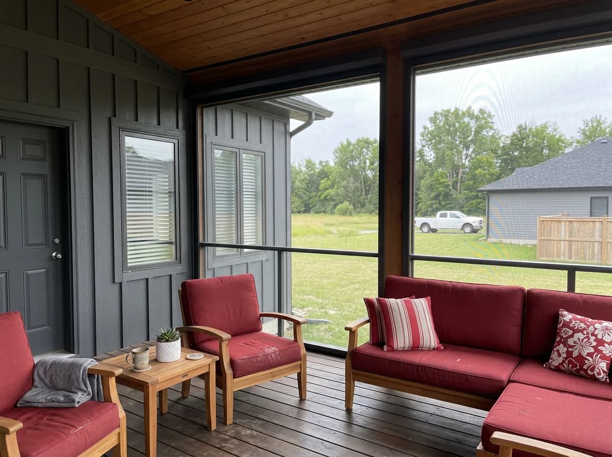Cottage covered porch with cedar furniture, red cushions, and deployed dark retractable mesh