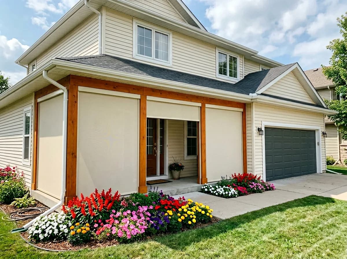 Modern home with cream retractable solar shades deployed over the garage and entry, flower garden along the front