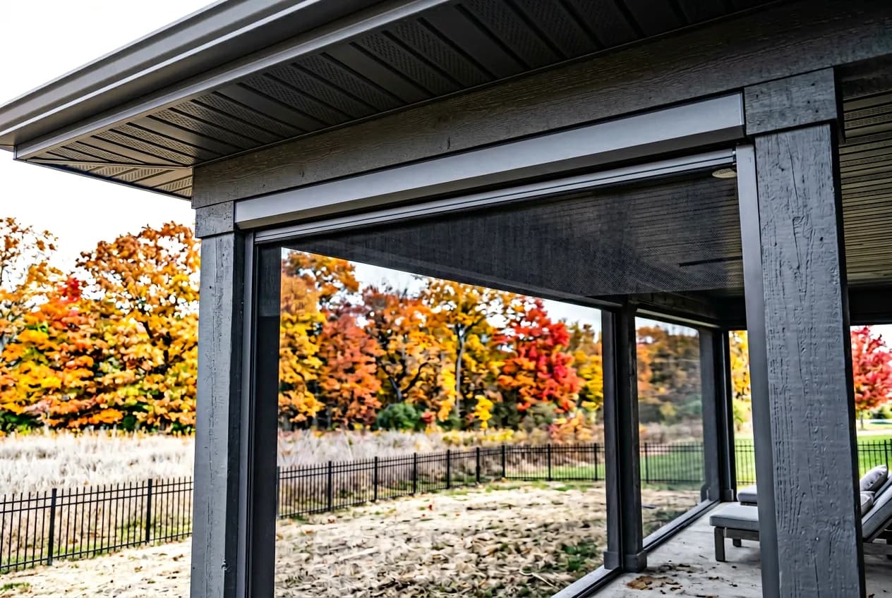 Low-angle close-up of a dark retractable screen cassette under a roof eave with fall trees in the background