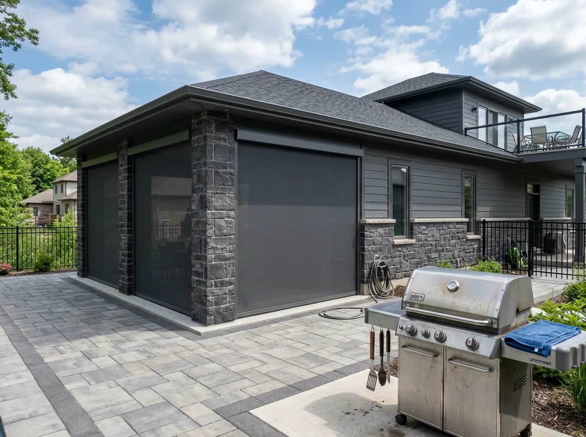 Modern stone-and-dark Ontario home with an outdoor BBQ on a covered patio, dark retractable shades framing the stone columns