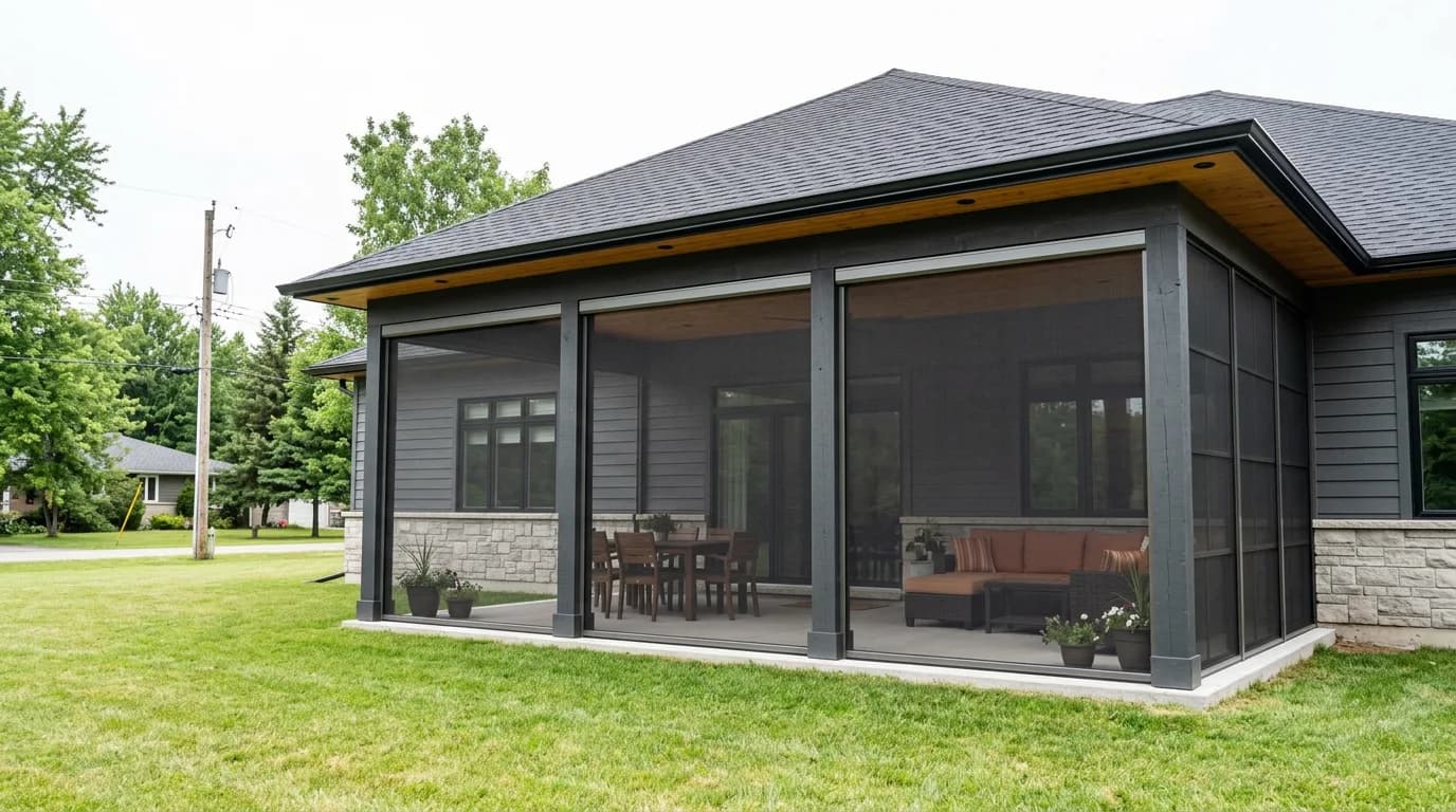 Modern Ontario home with a warm wood porch ceiling and retractable screens on the side covered patio