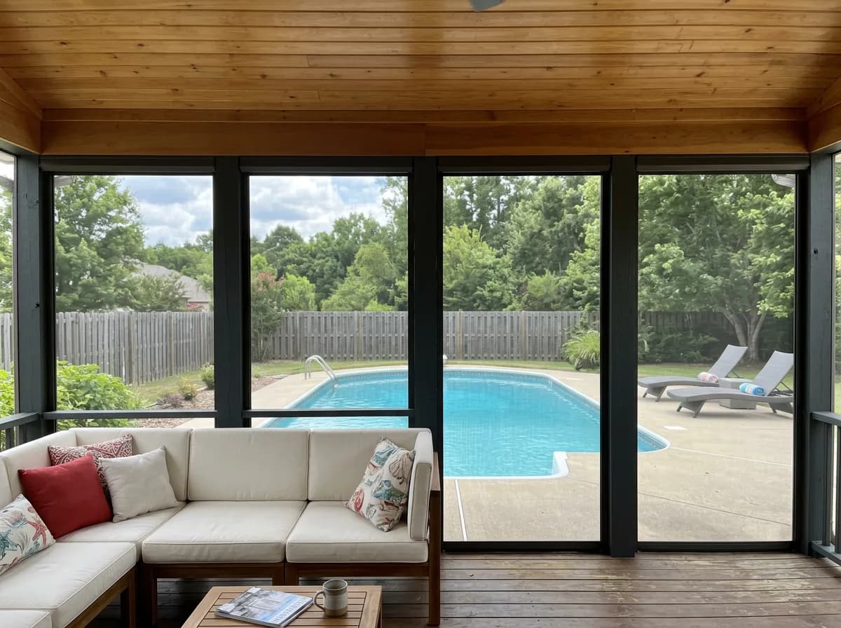Backyard pool framed through a deployed dark mesh from a covered patio with a white sectional sofa
