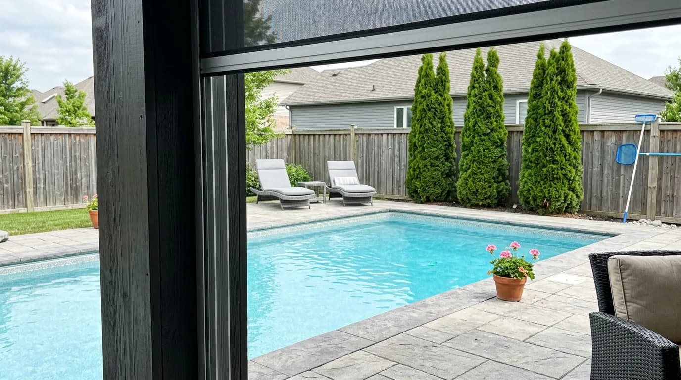 View of a backyard pool from a covered Ontario patio, framed by a stone pillar and a deployed dark insect mesh