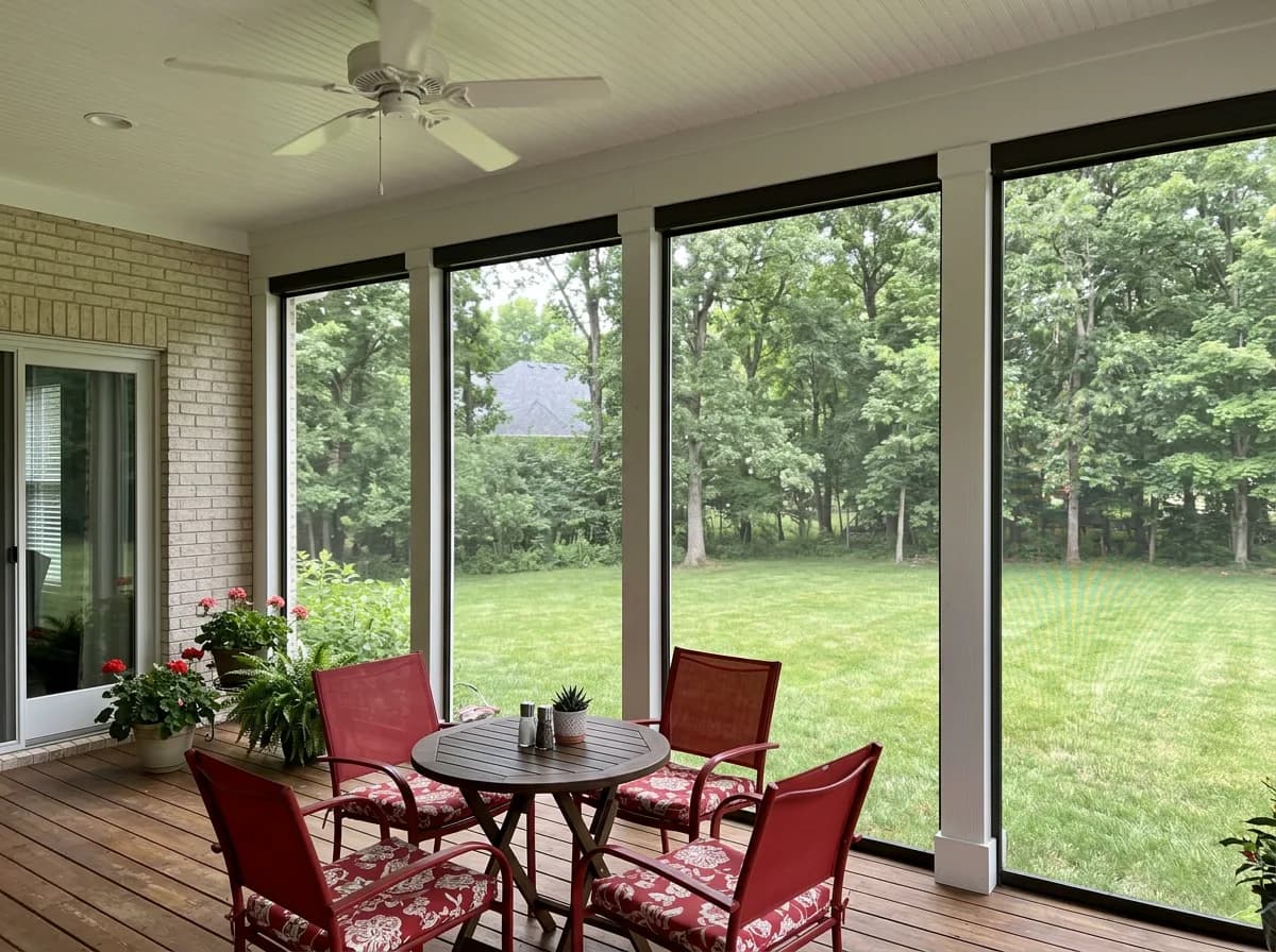 Interior of a screened porch with red dining chairs looking through deployed mesh onto a wooded yard