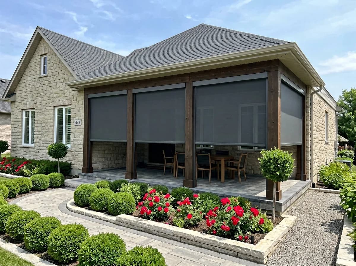 Stone Ontario home with a formal red salvia garden and retractable shades on the covered patio