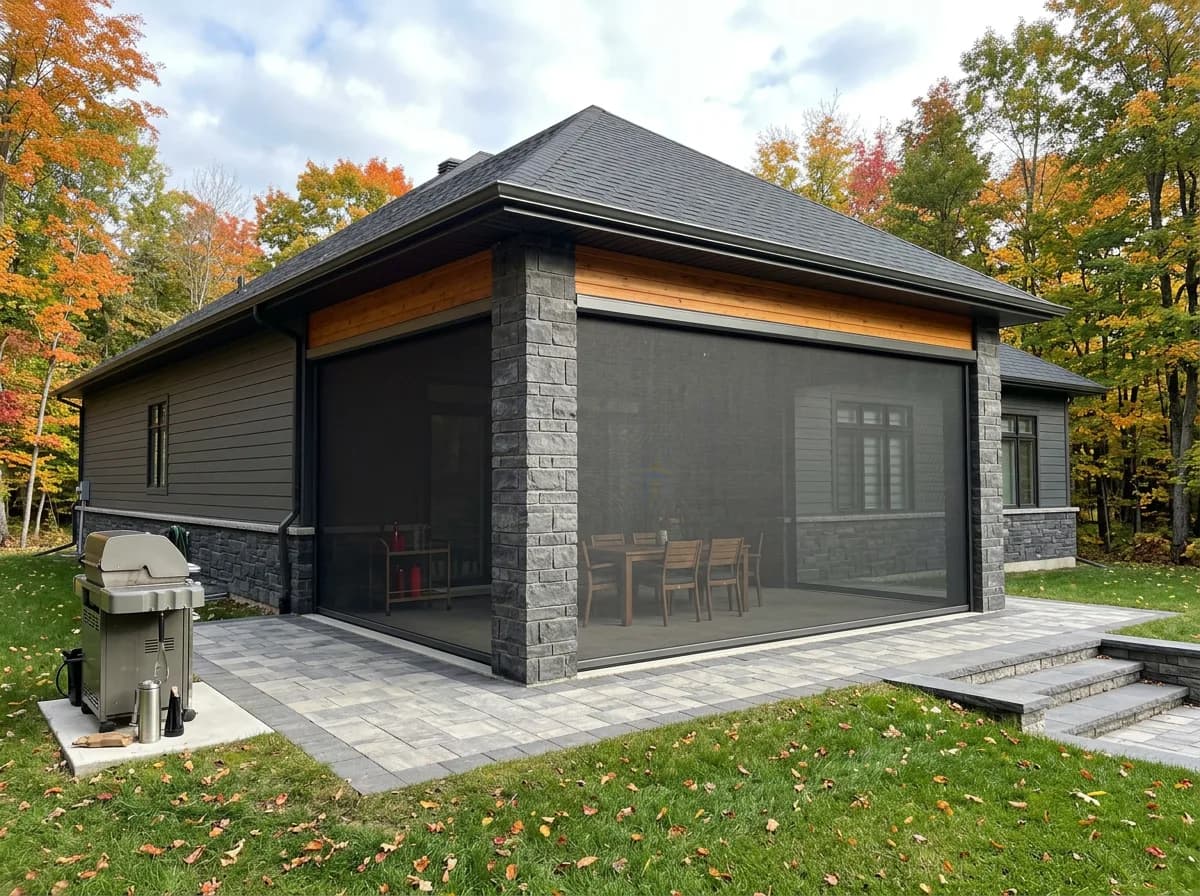 Modern stone Ontario home with gray retractable solar shades on the covered porch and fall trees behind