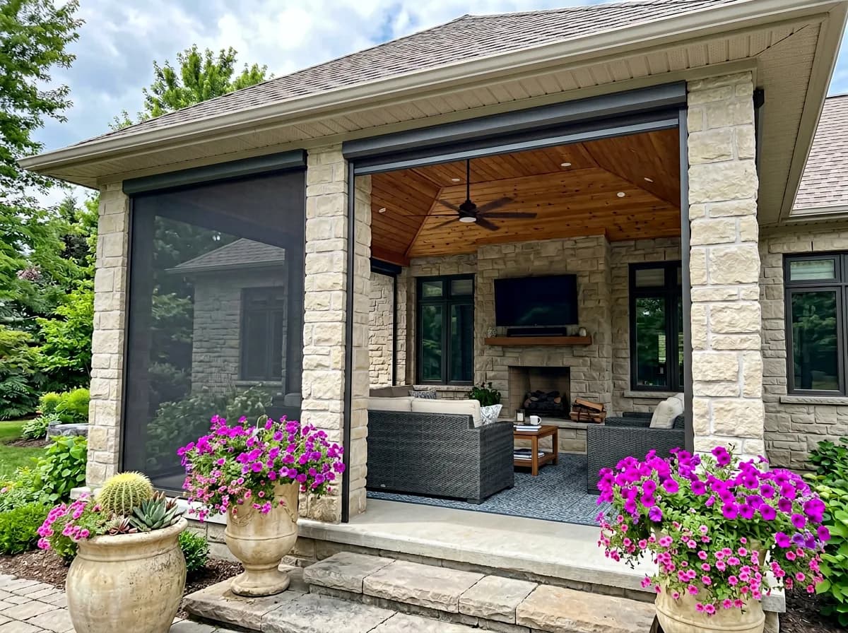 Stone pavilion with retractable screens, an outdoor TV, and purple flowers in tall planters