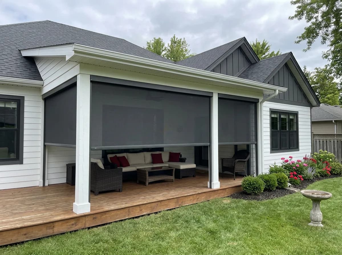 White-siding Ontario home with black retractable screens deployed on a covered patio with red sectional seating