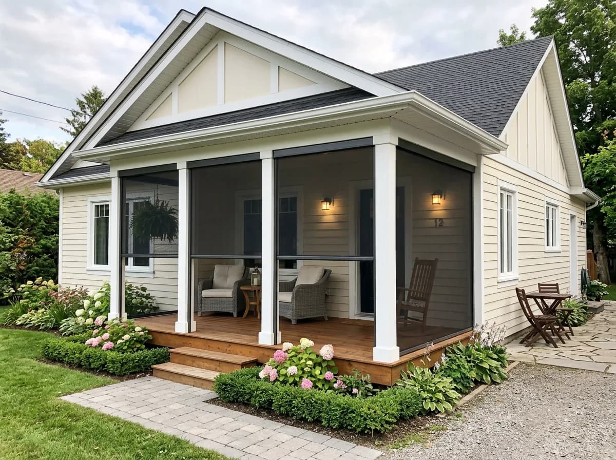 White-siding porch with charcoal retractable shades deployed and lush greenery around